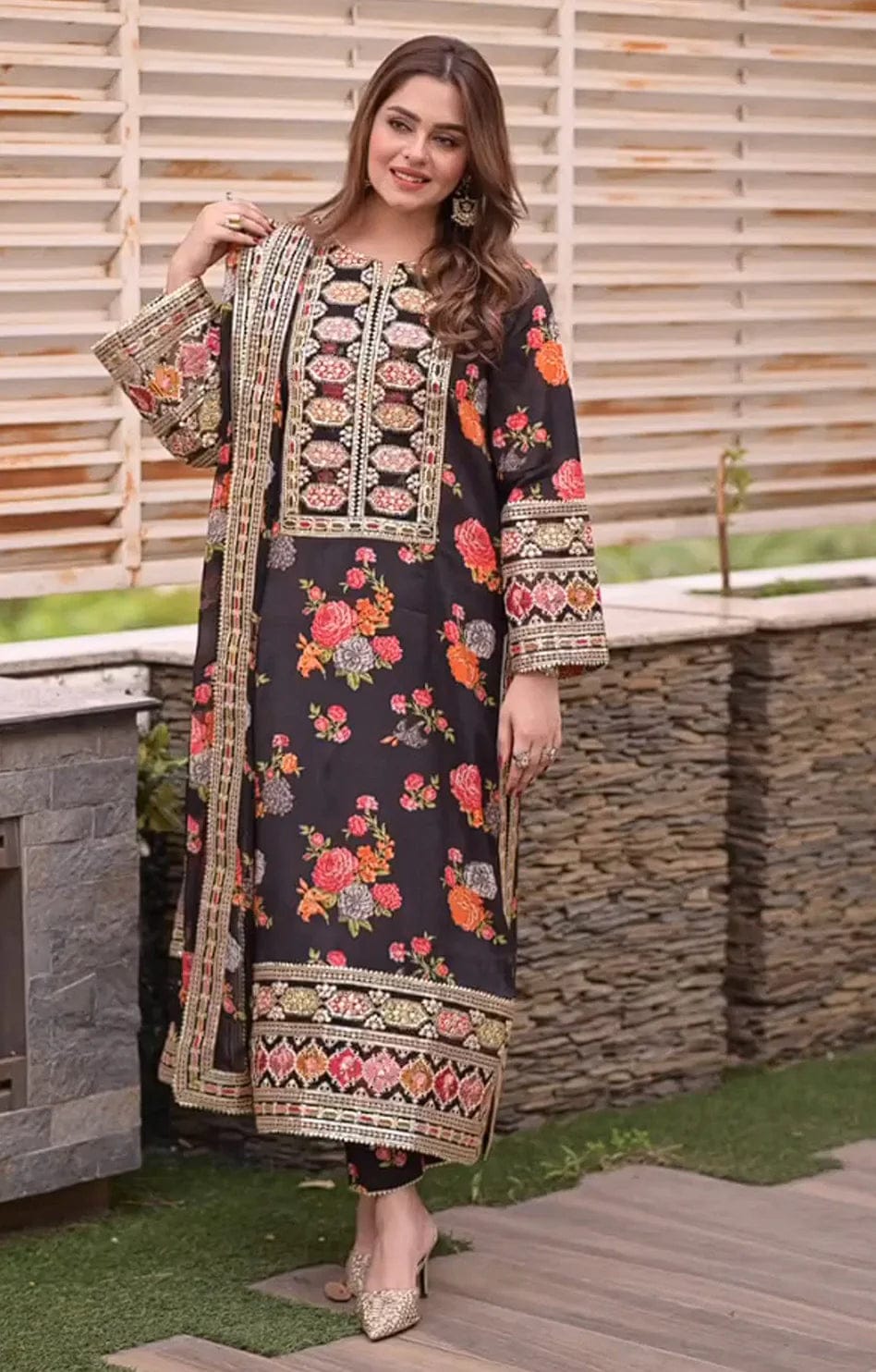 *Presenting Aneel's Most Viral Design of TikTok Now Available in Luxury Embroidered*  Fabric *Shemoz Silk Suit with Ready to Wear Embroidered Shawl - Image 5