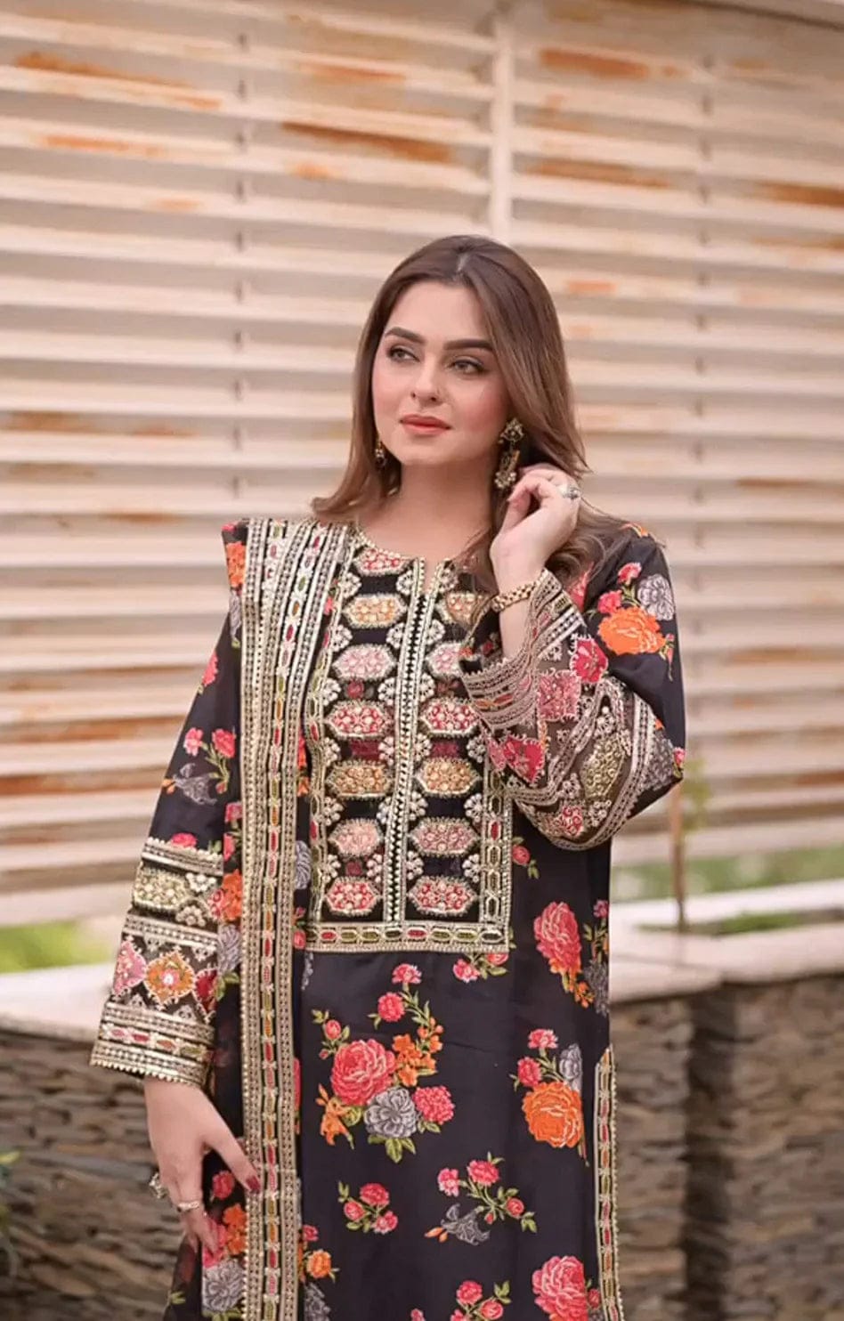 *Presenting Aneel's Most Viral Design of TikTok Now Available in Luxury Embroidered*  Fabric *Shemoz Silk Suit with Ready to Wear Embroidered Shawl - Image 3