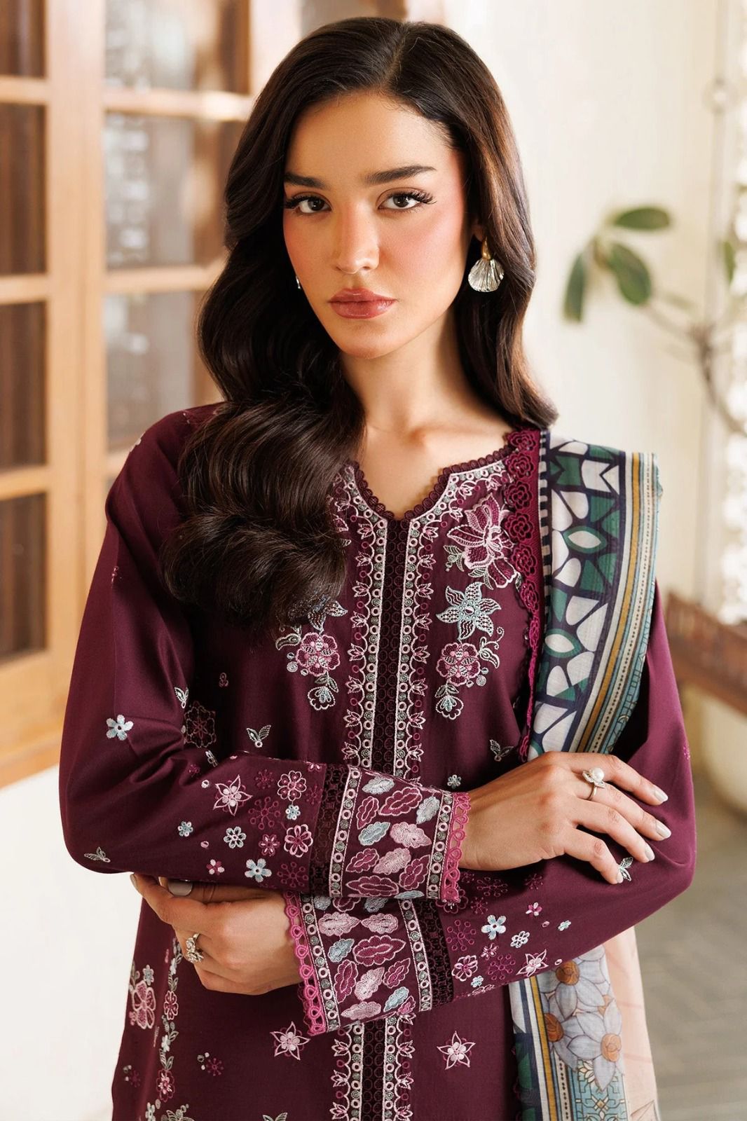 Maria.b. Brand Luxury Embroidered Article*  *Winter Collection 2025* Fabric *Premium 3-piece Dhanak Suit with Wool Shawl
