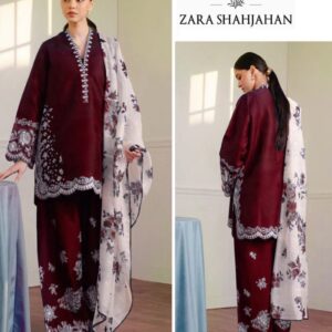 *Present ZaraShahjhan Brand Luxury Embroidered Article*  *Winter Collection 2025* Fabric *Premium 3-piece Dhanak Suit with Wool Shawl