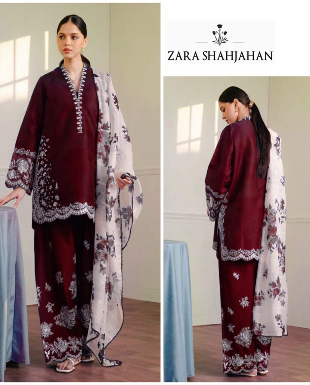 *Present ZaraShahjhan Brand Luxury Embroidered Article*  *Winter Collection 2025* Fabric *Premium 3-piece Dhanak Suit with Wool Shawl