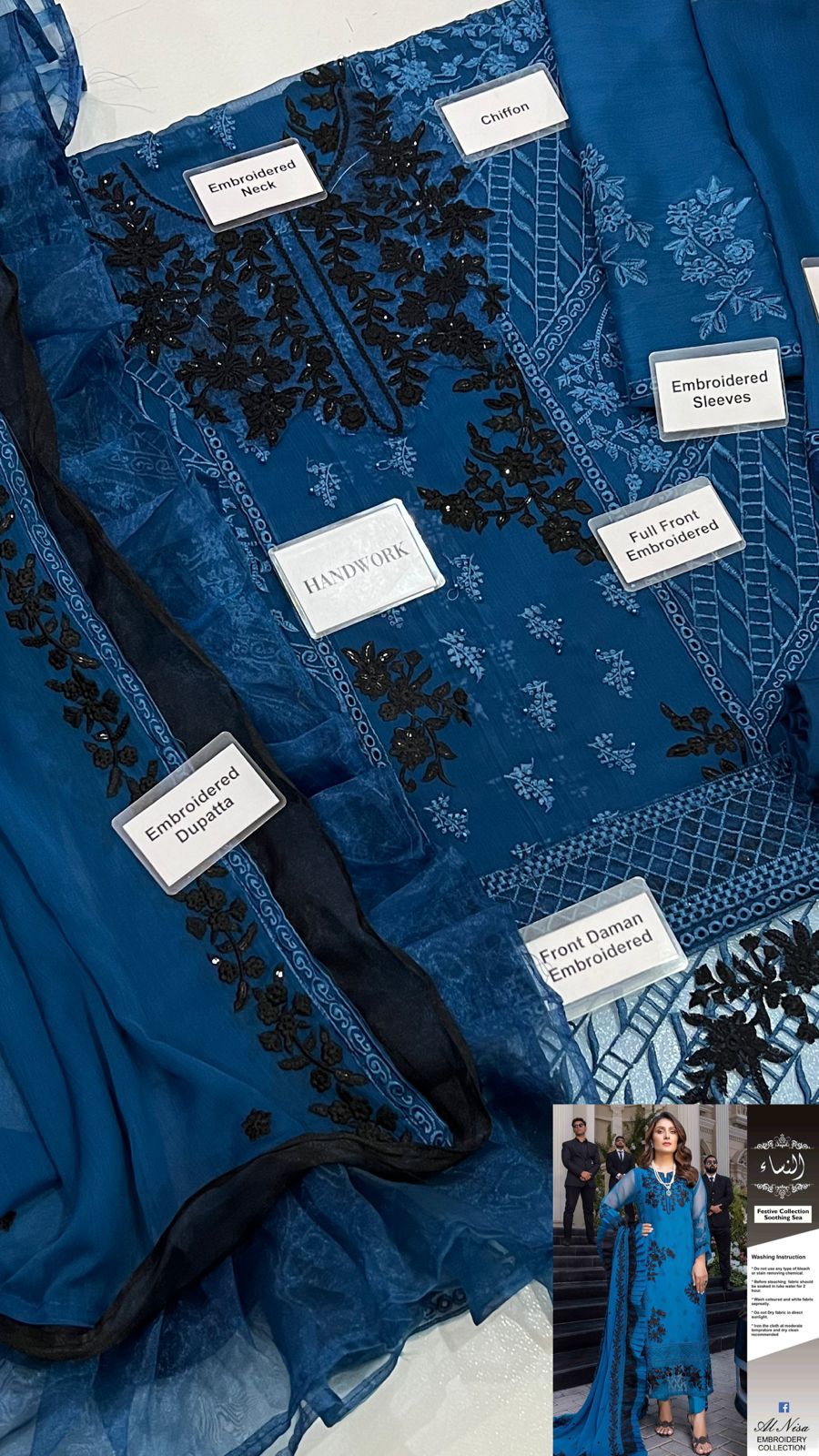 *Presenting Azure Brand Luxury Chiffon Embroidered - Image 3